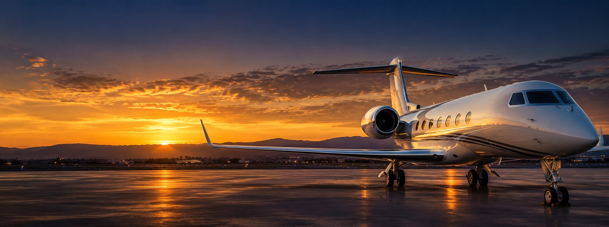 Midsize private jet at sunset